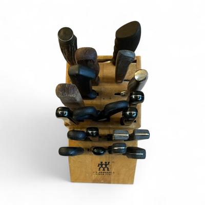 Wooden Knife Block and assorted name knives.