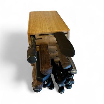 Wooden Knife Block and assorted name knives.