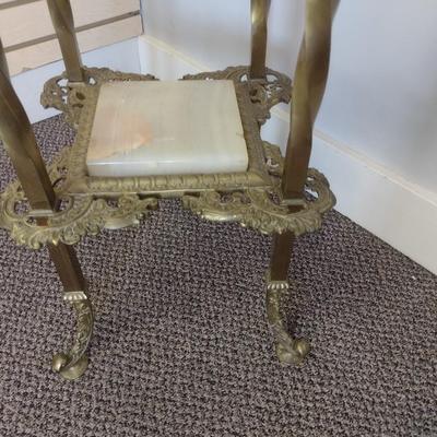 Sale Photo Thumbnail #2228: Antique Brass Victorian Double Tier Plant Stand with Onyx Tile Inserts
