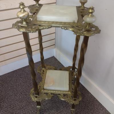 Sale Photo Thumbnail #2226: Antique Brass Victorian Double Tier Plant Stand with Onyx Tile Inserts