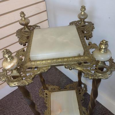 Sale Photo Thumbnail #2227: Antique Brass Victorian Double Tier Plant Stand with Onyx Tile Inserts