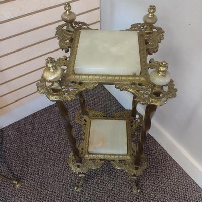 Sale Photo Thumbnail #2229: Antique Brass Victorian Double Tier Plant Stand with Onyx Tile Inserts