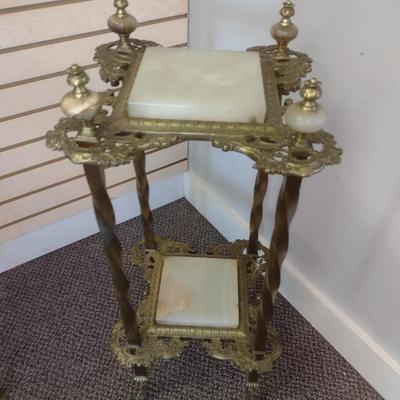 Sale Photo Thumbnail #2230: Antique Brass Victorian Double Tier Plant Stand with Onyx Tile Inserts