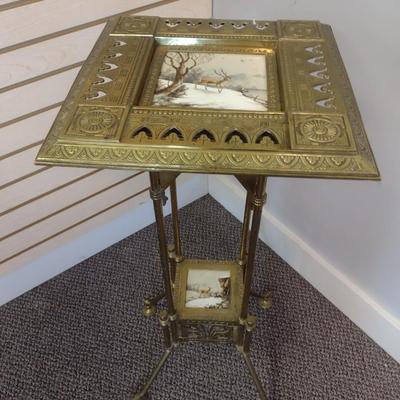 Sale Photo Thumbnail #2236: Vintage Brass Double Tier Plant Stand with Ceramic Tile Nature Scene Inserts