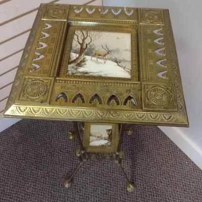 Sale Photo Thumbnail #2235: Vintage Brass Double Tier Plant Stand with Ceramic Tile Nature Scene Inserts