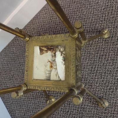 Sale Photo Thumbnail #2240: Vintage Brass Double Tier Plant Stand with Ceramic Tile Nature Scene Inserts