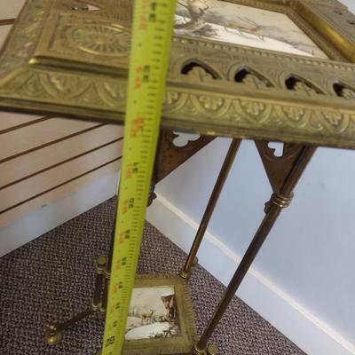 Sale Photo Thumbnail #2233: Vintage Brass Double Tier Plant Stand with Ceramic Tile Nature Scene Inserts