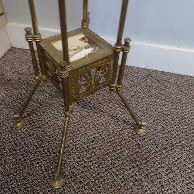 Sale Photo Thumbnail #2238: Vintage Brass Double Tier Plant Stand with Ceramic Tile Nature Scene Inserts