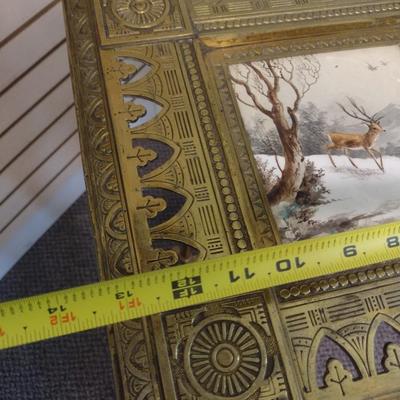 Sale Photo Thumbnail #2237: Vintage Brass Double Tier Plant Stand with Ceramic Tile Nature Scene Inserts