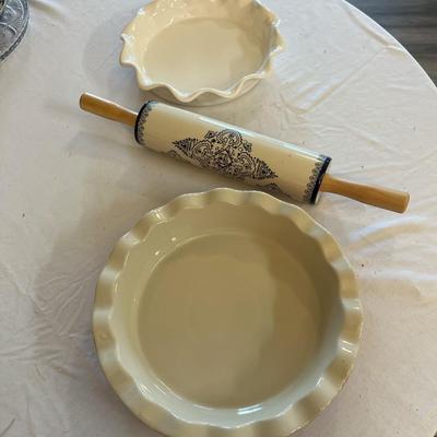 Two Pie Plates and a Ceramic rolling Pin
