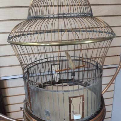 Sale Photo Thumbnail #2303: Vintage Brass Wire Hanging Bird Cage with Stand