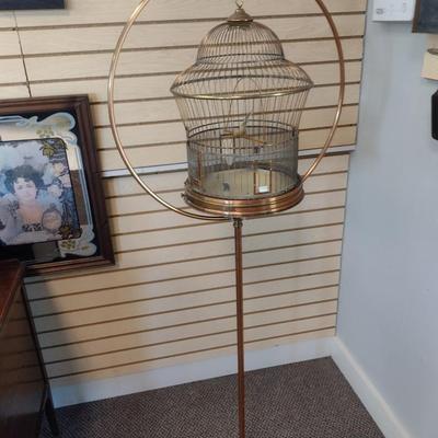 Sale Photo Thumbnail #2305: Vintage Brass Wire Hanging Bird Cage with Stand