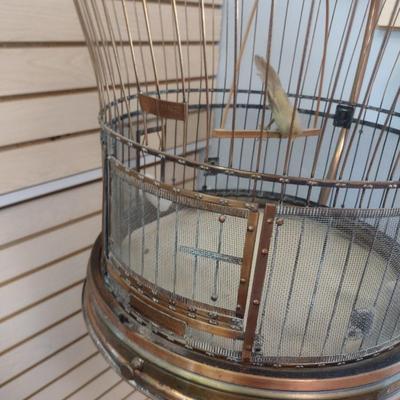 Sale Photo Thumbnail #2302: Vintage Brass Wire Hanging Bird Cage with Stand