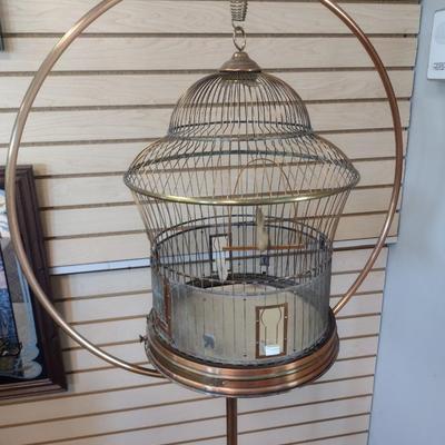Sale Photo Thumbnail #2304: Vintage Brass Wire Hanging Bird Cage with Stand