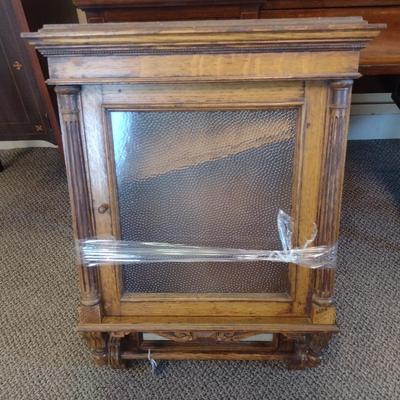 Sale Photo Thumbnail #2249: Vintage Solid Wood Wall Cabinet with Embossed Glass