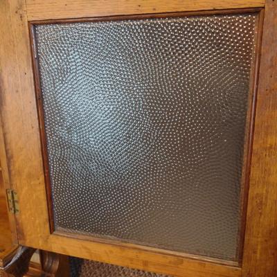 Sale Photo Thumbnail #2257: Vintage Solid Wood Wall Cabinet with Embossed Glass