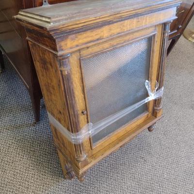 Sale Photo Thumbnail #2253: Vintage Solid Wood Wall Cabinet with Embossed Glass