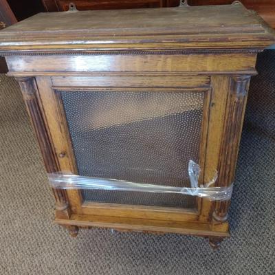 Sale Photo Thumbnail #2254: Vintage Solid Wood Wall Cabinet with Embossed Glass