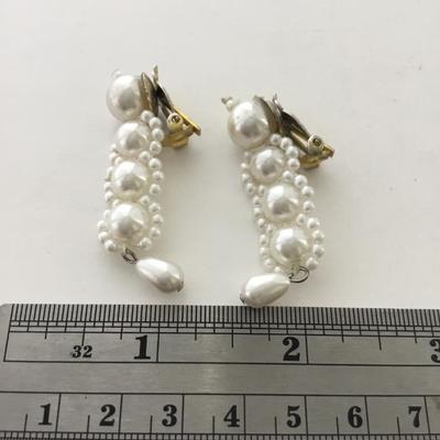 White beaded dangle clip on vintage earrings