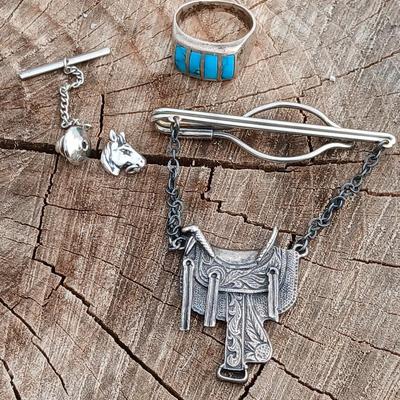 Vintage Sterling Western Saddle tie clip - small horse head pin - and a beautiful Corn Row Turquoise Handcrafted Southwestern Size 10