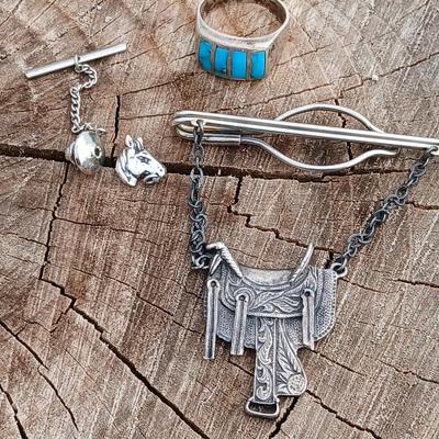 Vintage Sterling Western Saddle tie clip - small horse head pin - and a beautiful Corn Row Turquoise Handcrafted Southwestern Size 10