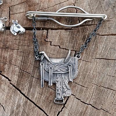 Vintage Sterling Western Saddle tie clip - small horse head pin - and a beautiful Corn Row Turquoise Handcrafted Southwestern Size 10