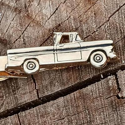 Vintage Size 7.5 men's Onyx ring marked 12 - and two vintage collectible tie clips - Balfour pickup truck & Swank blue gemstone