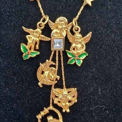 Folly like Cherub moon & stars Dangle / Charm necklace with gemstone like center - unsigned with angel pin