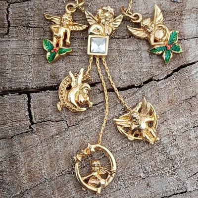 Folly like Cherub moon & stars Dangle / Charm necklace with gemstone like center - unsigned with angel pin