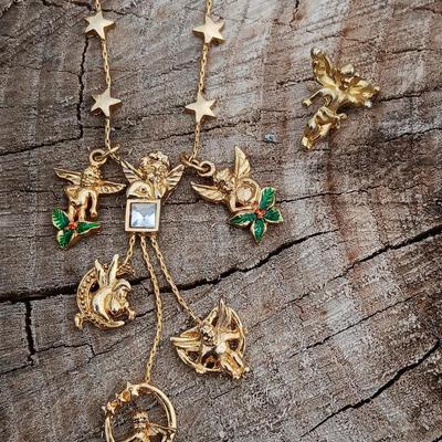 Folly like Cherub moon & stars Dangle / Charm necklace with gemstone like center - unsigned with angel pin