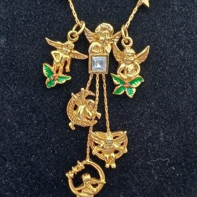 Folly like Cherub moon & stars Dangle / Charm necklace with gemstone like center - unsigned with angel pin