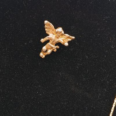 Folly like Cherub moon & stars Dangle / Charm necklace with gemstone like center - unsigned with angel pin