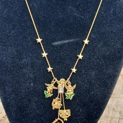Folly like Cherub moon & stars Dangle / Charm necklace with gemstone like center - unsigned with angel pin