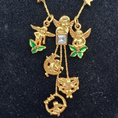 Folly like Cherub moon & stars Dangle / Charm necklace with gemstone like center - unsigned with angel pin
