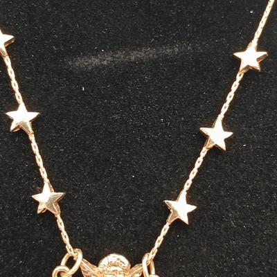 Folly like Cherub moon & stars Dangle / Charm necklace with gemstone like center - unsigned with angel pin