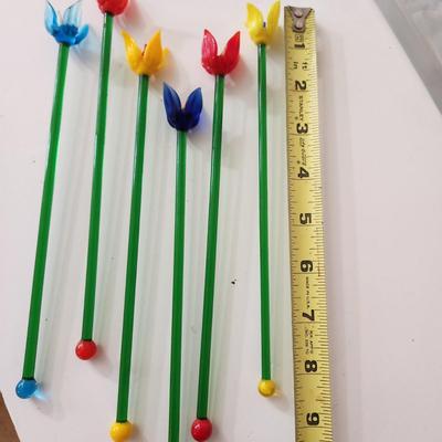 6 Vintage Hand blown Colorful Flower Floral Glass Stirs Swizzle stick Murano Style Barware
