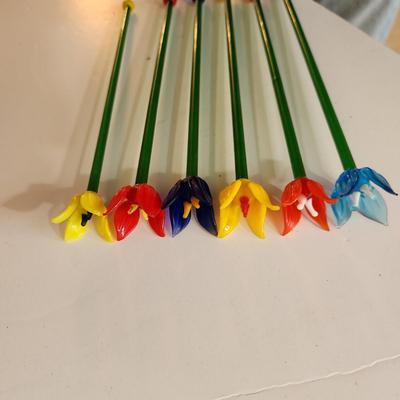 6 Vintage Hand blown Colorful Flower Floral Glass Stirs Swizzle stick Murano Style Barware