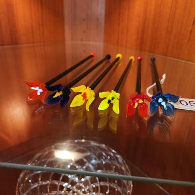 6 Vintage Hand blown Colorful Flower Floral Glass Stirs Swizzle stick Murano Style Barware