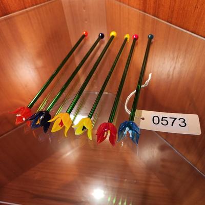 6 Vintage Hand blown Colorful Flower Floral Glass Stirs Swizzle stick Murano Style Barware