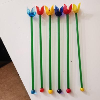 6 Vintage Hand blown Colorful Flower Floral Glass Stirs Swizzle stick Murano Style Barware