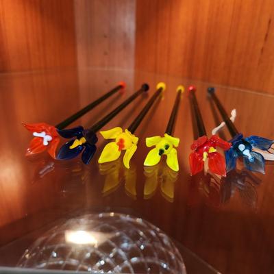 6 Vintage Hand blown Colorful Flower Floral Glass Stirs Swizzle stick Murano Style Barware