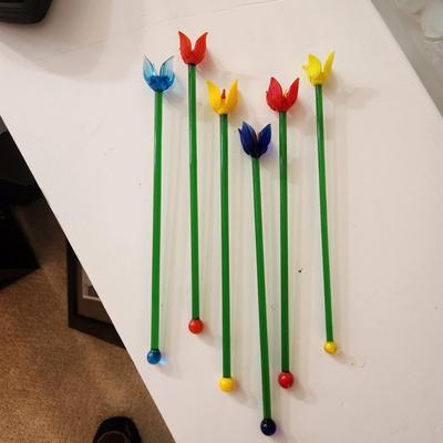 6 Vintage Hand blown Colorful Flower Floral Glass Stirs Swizzle stick Murano Style Barware