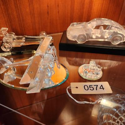Collectable Lot Crystal Glass Cars Plane Fornula Uno One Race Car , Frosted Glass Porche 911 , Biplane w Spinning Prop