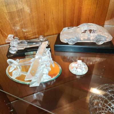 Collectable Lot Crystal Glass Cars Plane Fornula Uno One Race Car , Frosted Glass Porche 911 , Biplane w Spinning Prop