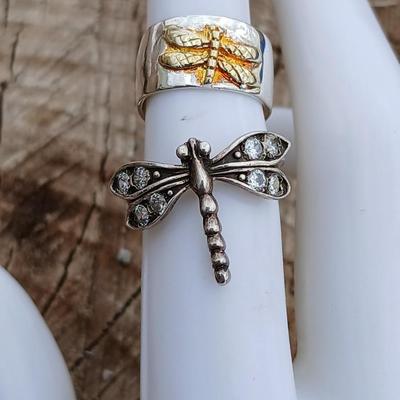 Sterling silver rings - .925 marked Dragonfly ring size 5.5 /6 and a smaller wide band Dragonfly ring Size 3.5