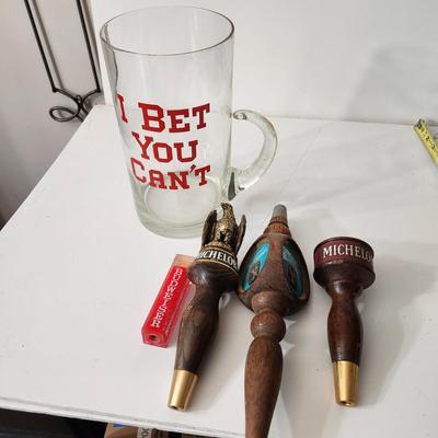 Vintage Barware I Bet You Can't Beer Mug + 4 Beer Taps Handles Shift Knobs Budweiser Michelob, Lowenbrau