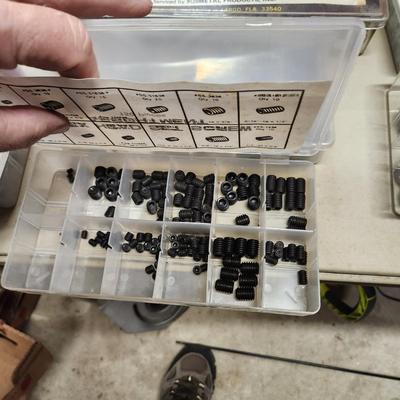 Table Lot of Hardware Cotter Pins, Springs, Clevis Pin , Hex Head Set Screws, O Ring Service Kit, Wing Nuts, and More