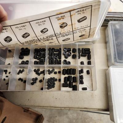 Table Lot of Hardware Cotter Pins, Springs, Clevis Pin , Hex Head Set Screws, O Ring Service Kit, Wing Nuts, and More