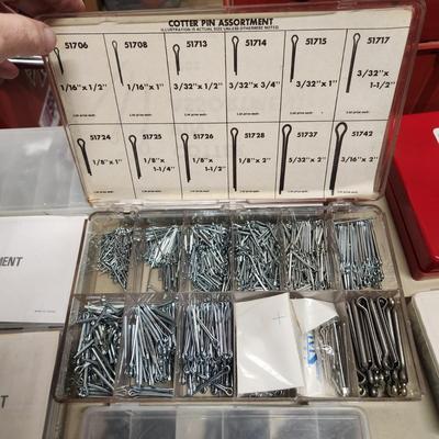 Table Lot of Hardware Cotter Pins, Springs, Clevis Pin , Hex Head Set Screws, O Ring Service Kit, Wing Nuts, and More