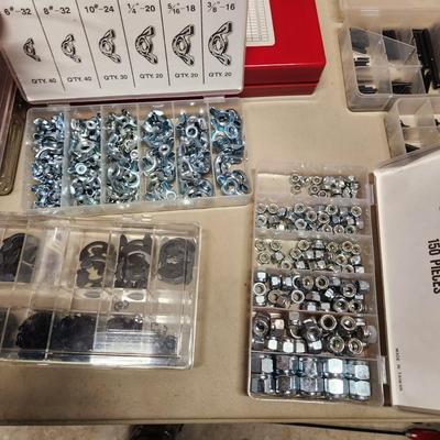 Table Lot of Hardware Cotter Pins, Springs, Clevis Pin , Hex Head Set Screws, O Ring Service Kit, Wing Nuts, and More
